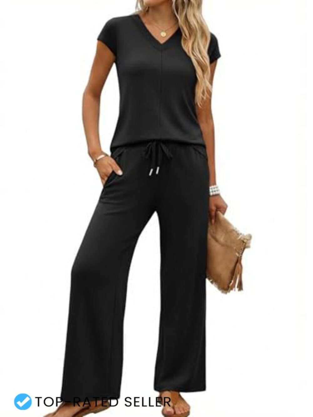 2 Piece Lounge Set V-Neck Cap Sleeve Wide Leg Pants Matching Travel Outfit
